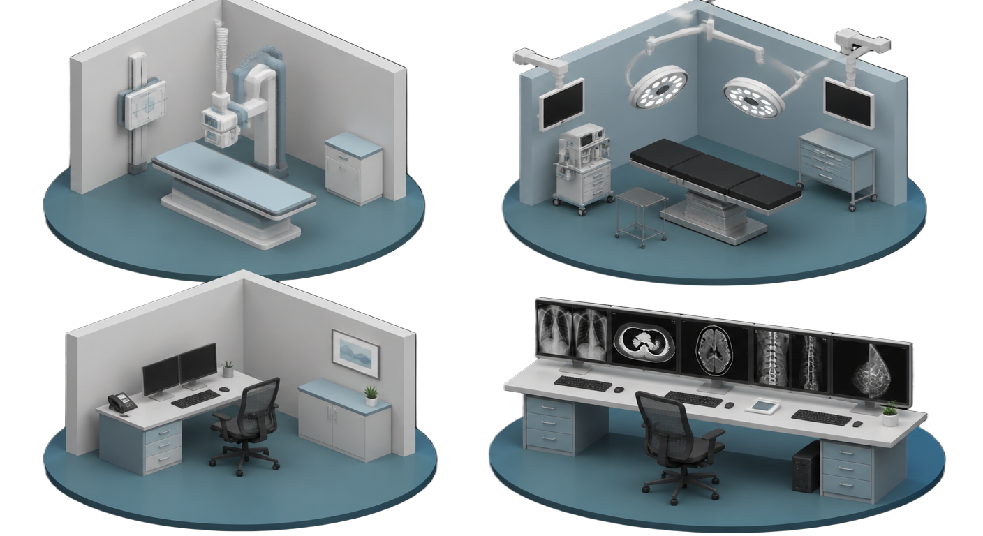 Isometric illustration of an X-ray room, operating theatre, clinical review office and diagnostic reading room