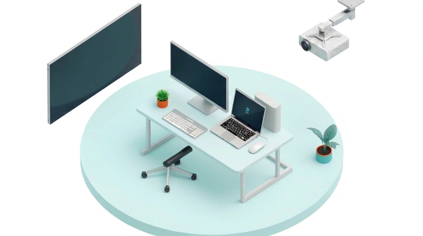 Isometric illustration of an office workstation with desktop monitors, a laptop and a cloud device